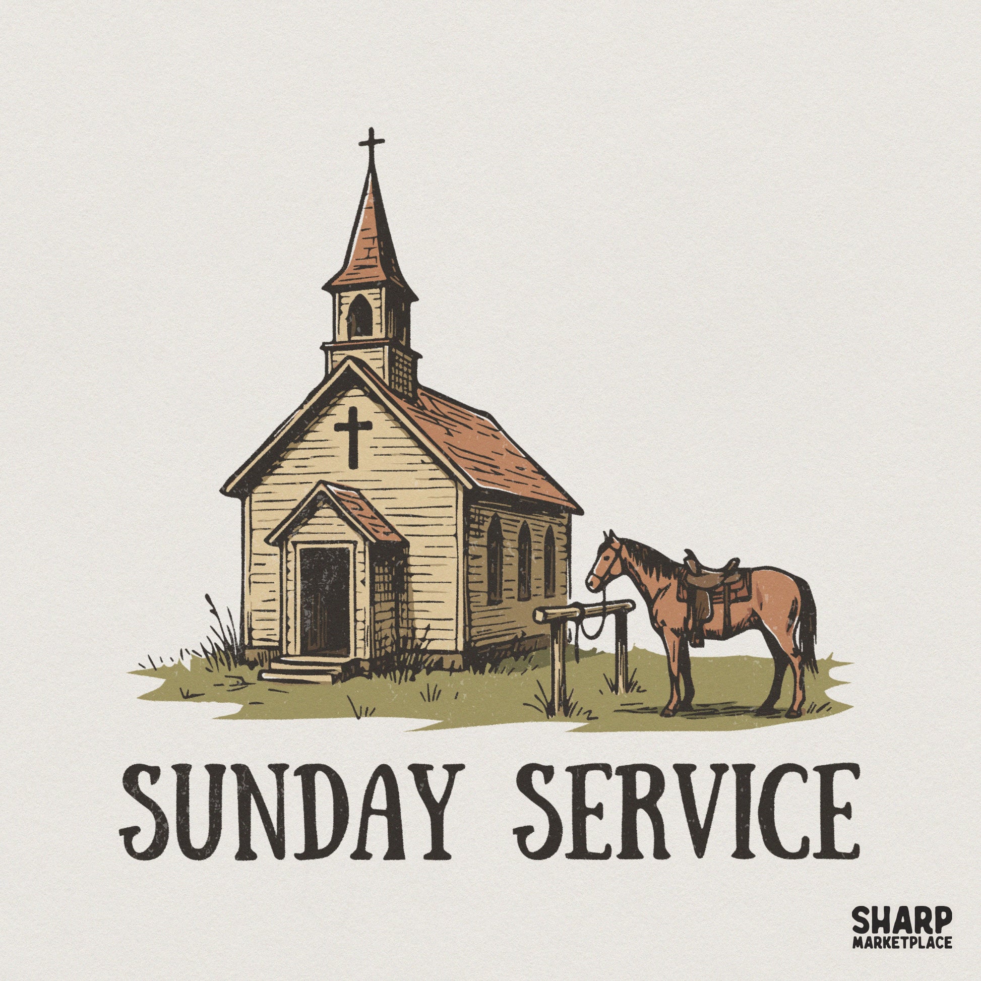 Sunday Service PNG Design, Vintage Country Church Digital Graphic - 300