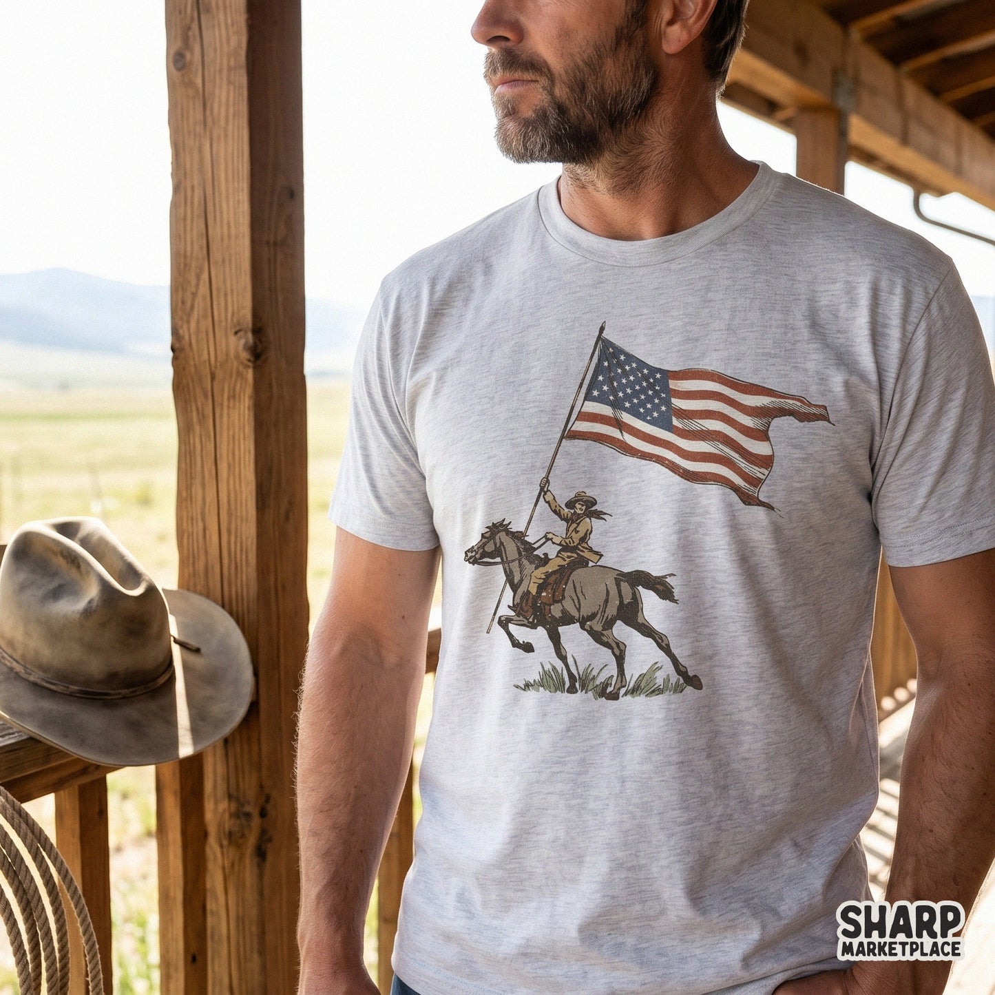 Vintage cowboy riding a horse with an American flag in a retro patriotic western sublimation design shirt png