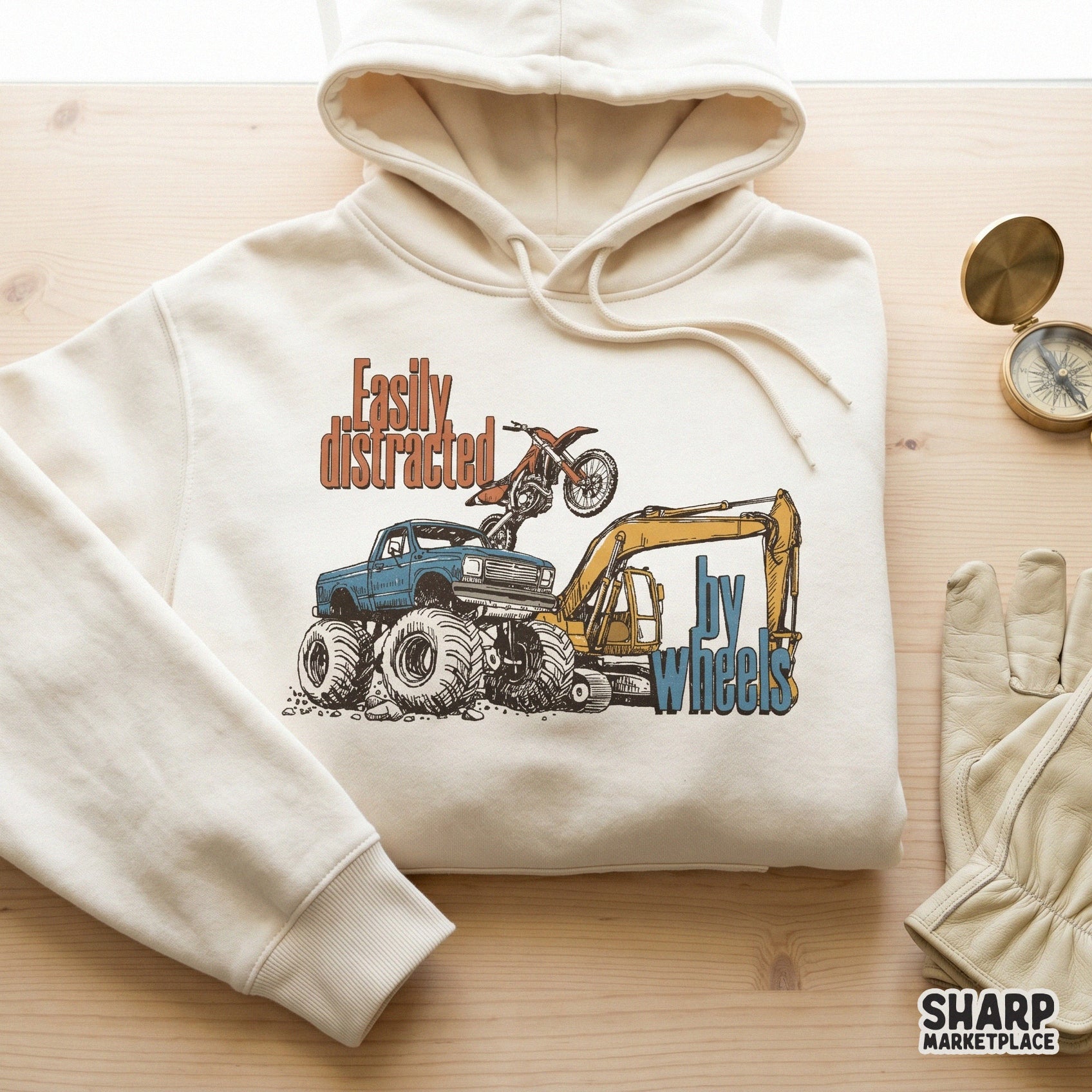 Retro monster truck graphic with funny easily distracted by wheels theme for custom t shirt png designs