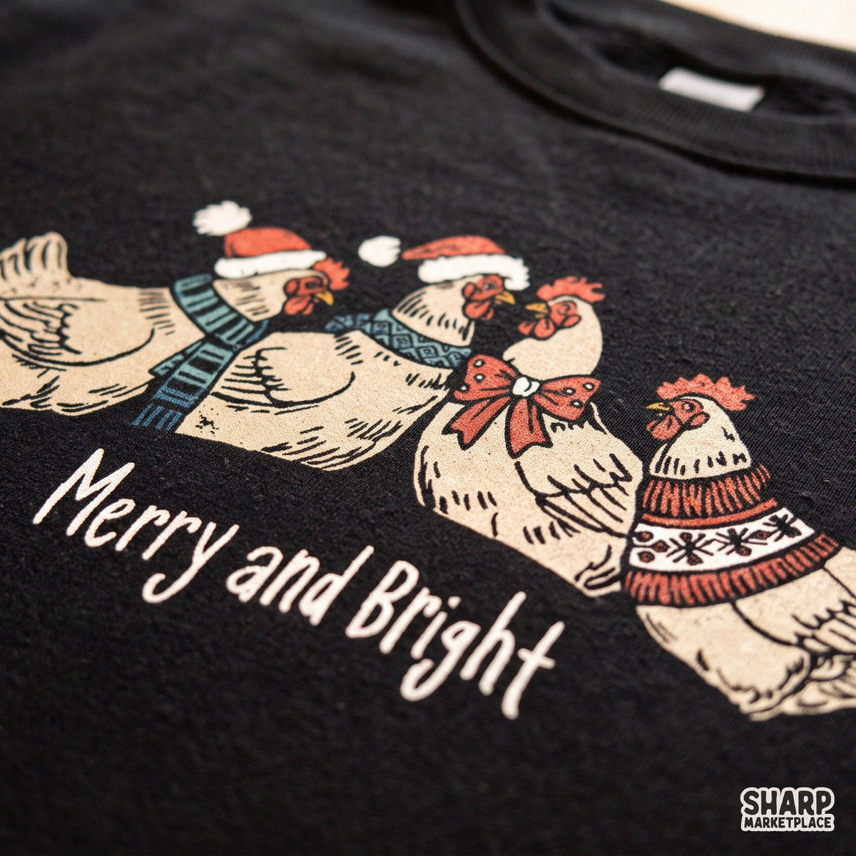 Cute winter chickens in sweaters for Merry and Bright Christmas PNG rustic farm sublimation shirt design