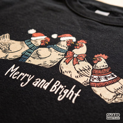 Cute winter chickens in sweaters for Merry and Bright Christmas PNG rustic farm sublimation shirt design