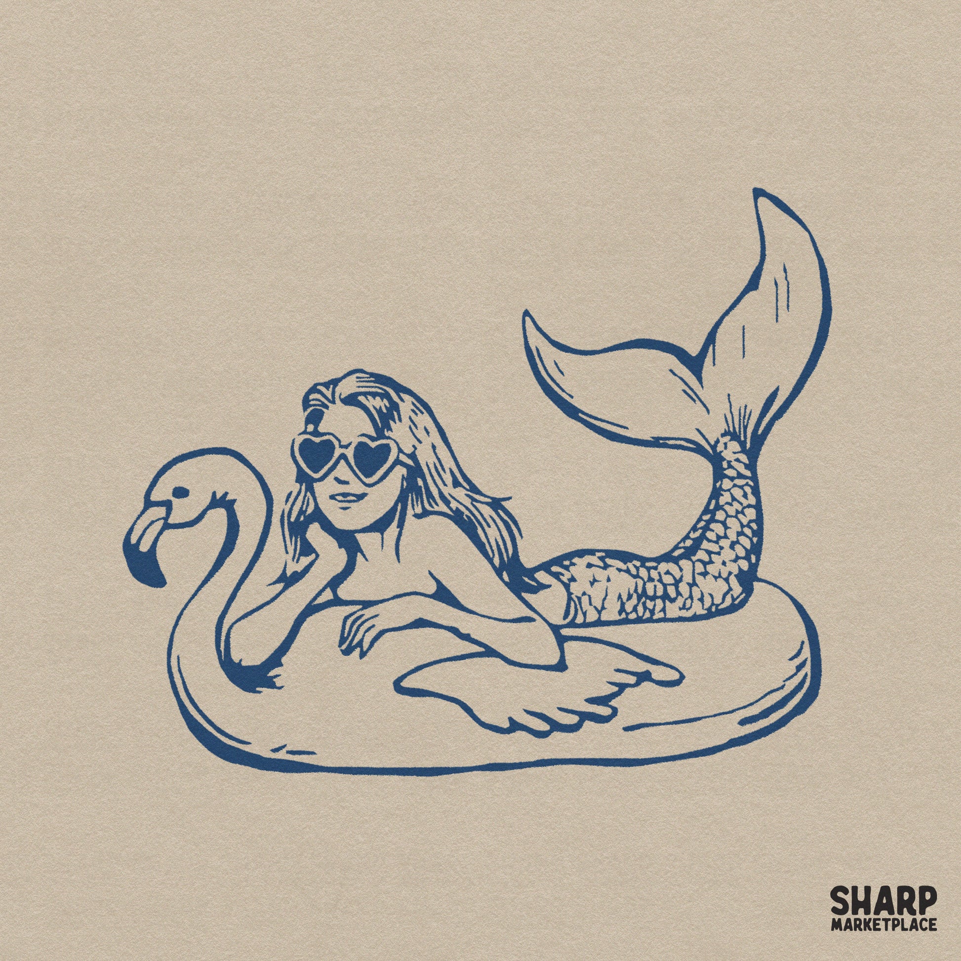 Vintage mermaid floating on a flamingo pool float with heart sunglasses for trendy summer beach shirt sublimation design