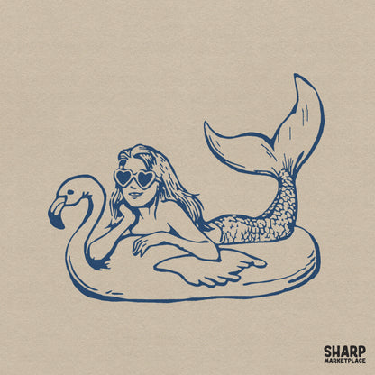 Vintage mermaid floating on a flamingo pool float with heart sunglasses for trendy summer beach shirt sublimation design