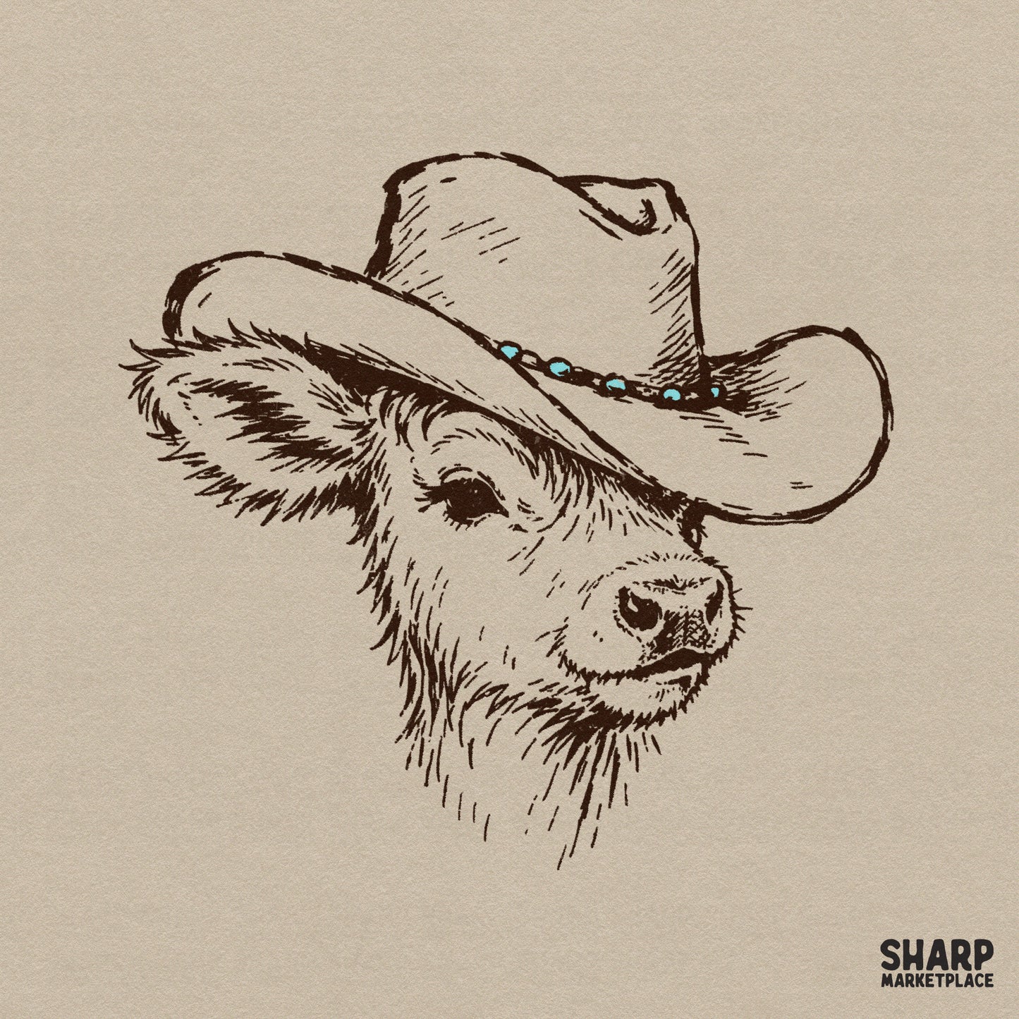 Hand-drawn sketch of a cute baby highland cow wearing a western cowboy hat with a turquoise beaded band, isolated on a neutral background.