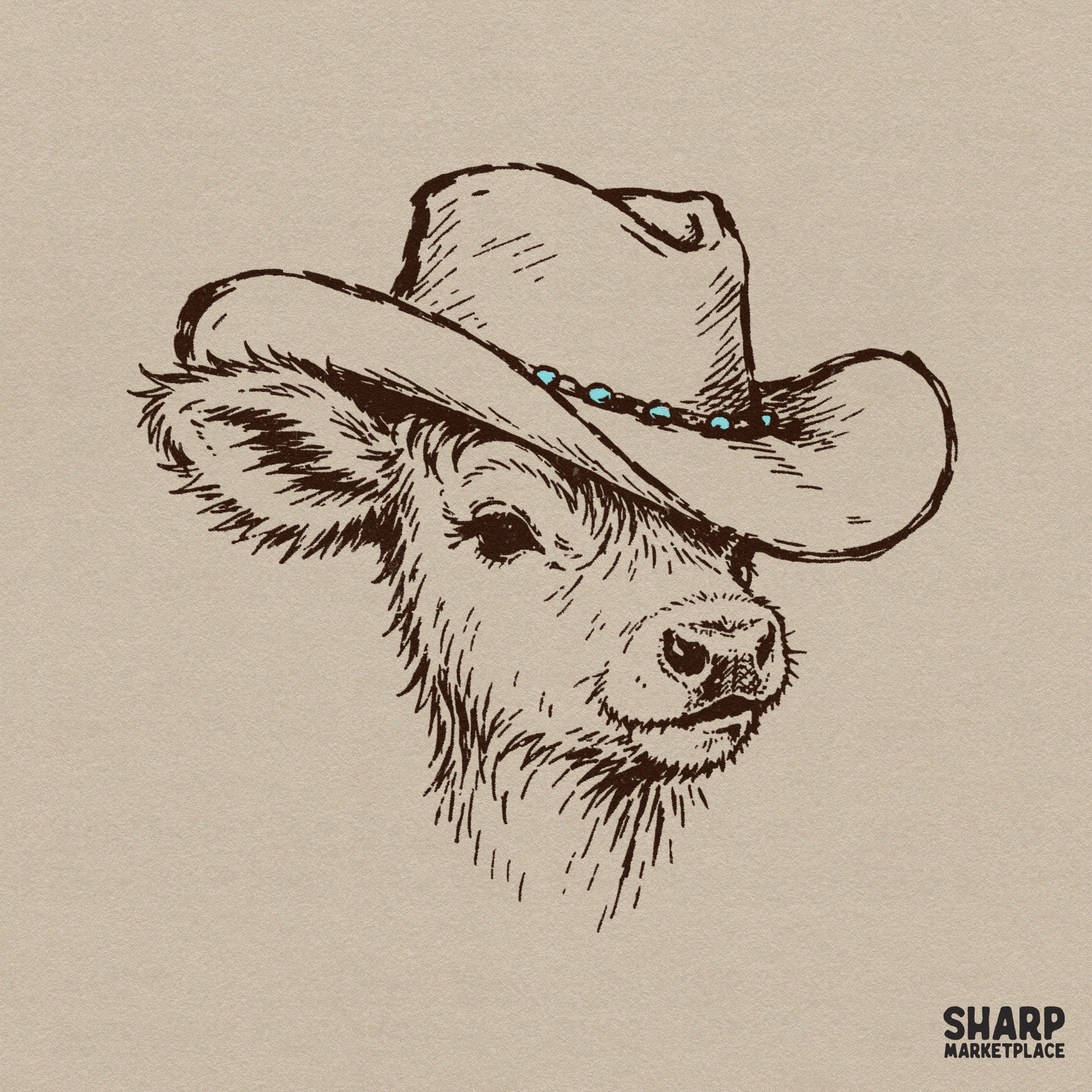 Hand-drawn sketch of a cute baby highland cow wearing a western cowboy hat with a turquoise beaded band, isolated on a neutral background.