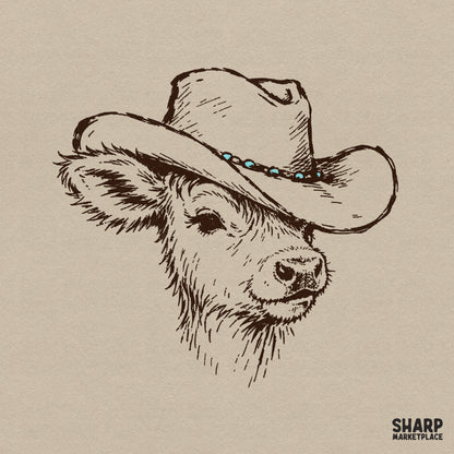 Hand-drawn sketch of a cute baby highland cow wearing a western cowboy hat with a turquoise beaded band, isolated on a neutral background.