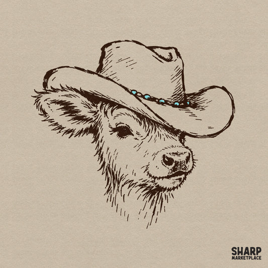 Hand-drawn sketch of a cute baby highland cow wearing a western cowboy hat with a turquoise beaded band, isolated on a neutral background.