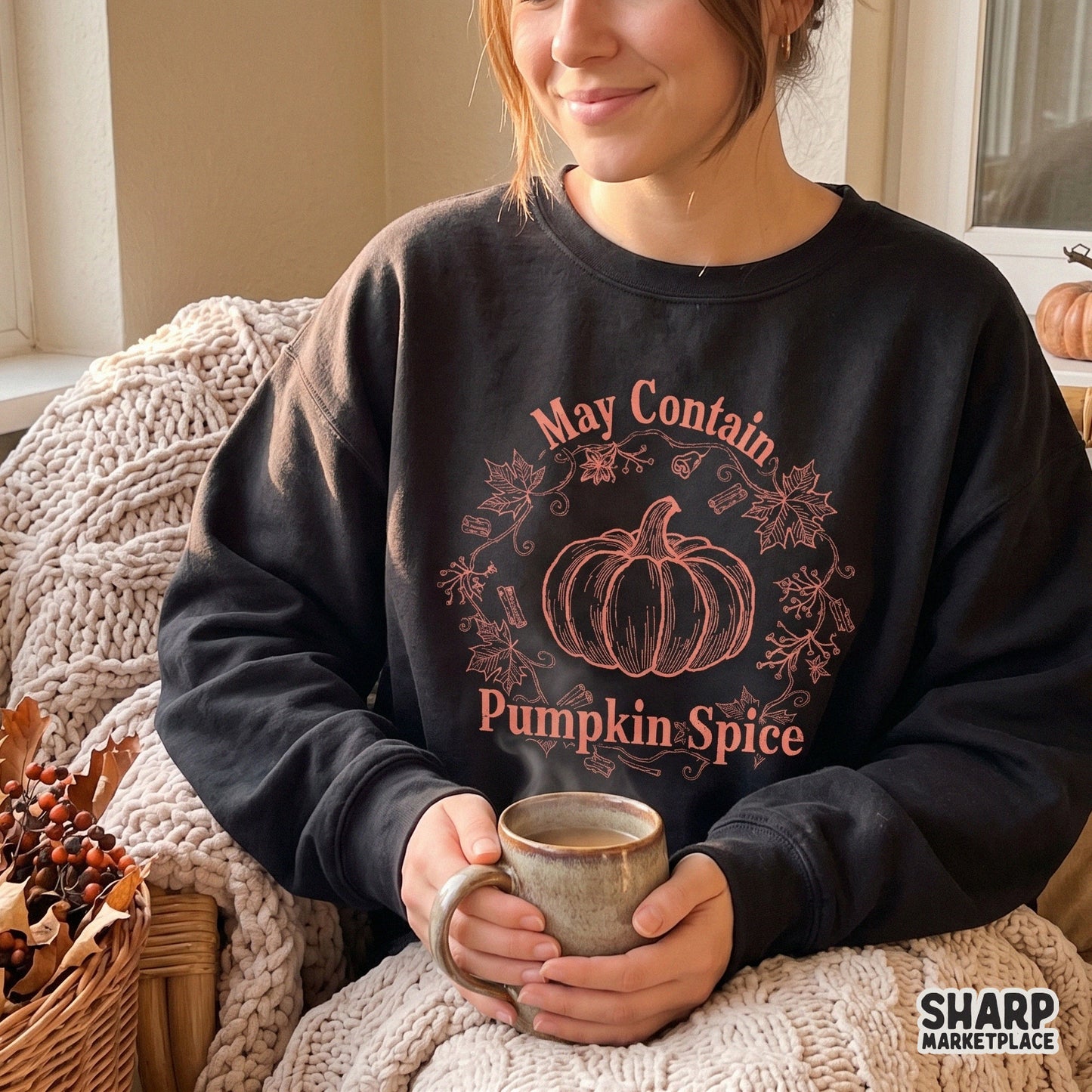 Retro May Contain Pumpkin Spice quote with a fall wreath for autumn sublimation designs and seasonal apparel tags