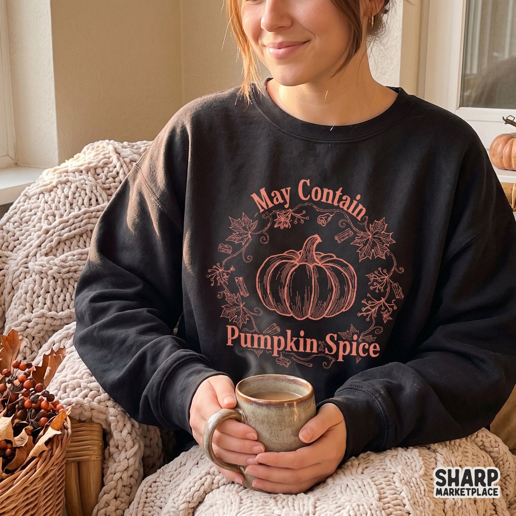 Retro May Contain Pumpkin Spice quote with a fall wreath for autumn sublimation designs and seasonal apparel tags