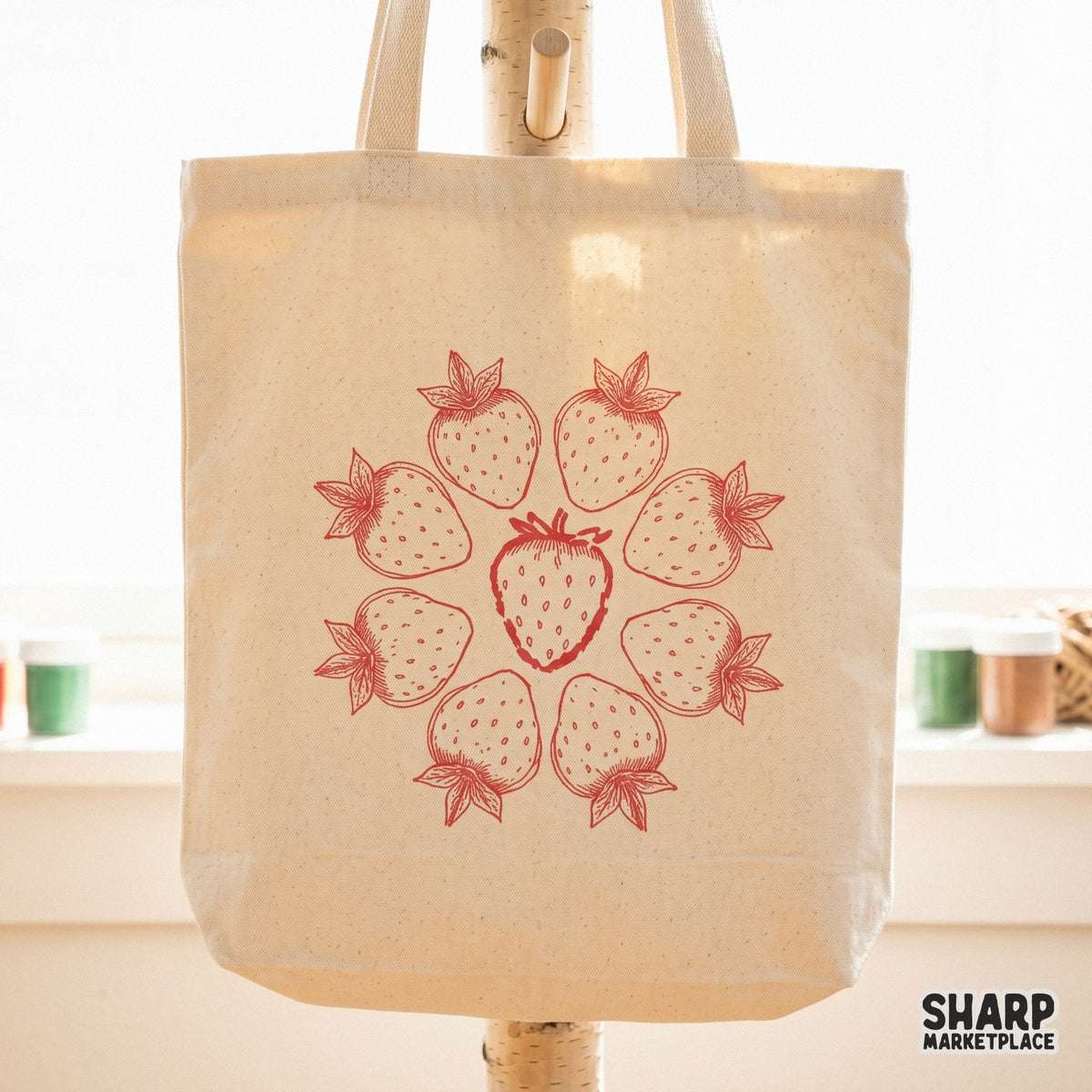 Detailed circular strawberry arrangement in a vibrant red line art style, suitable for sublimation, printable home decor, and summer fruit projects.