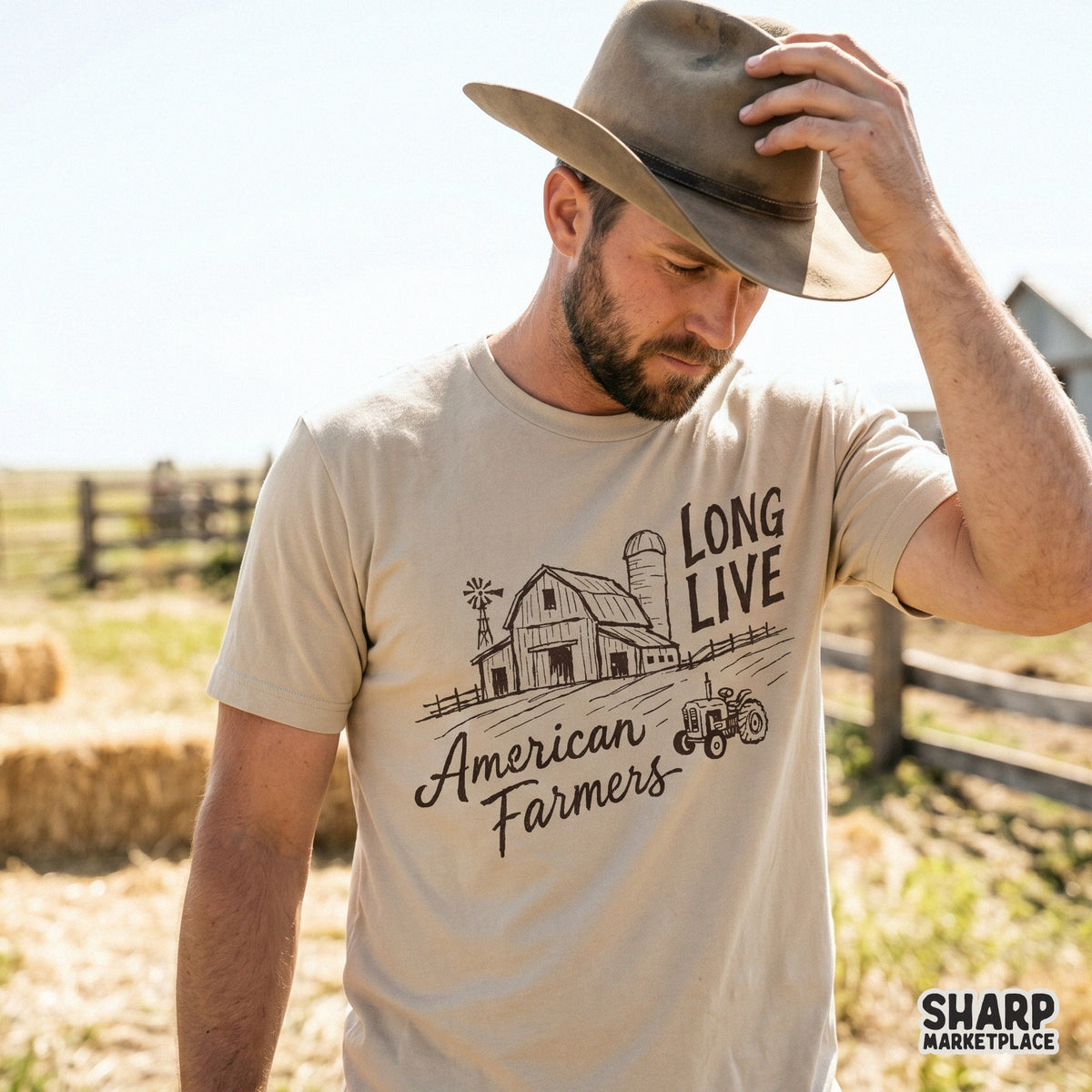 Detailed digital illustration of a rural farm scene with a windmill, barn, and tractor, perfect for western-themed sublimation apparel.