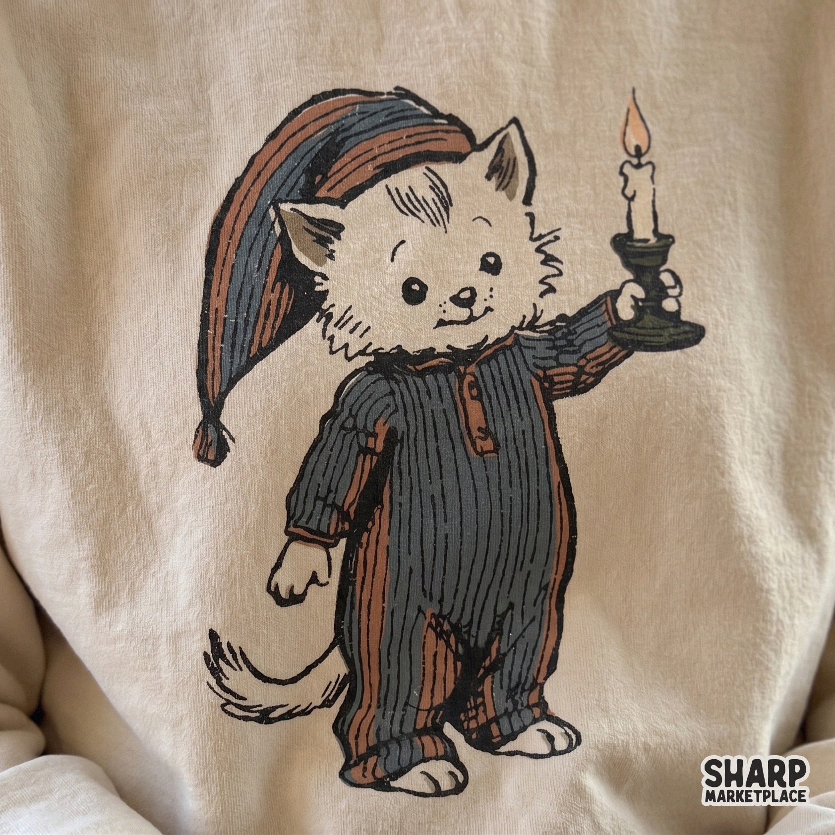 Vintage sleepy kitten in a nightgown holding a candle for retro cozy season sublimation on shirts and nursery wall art