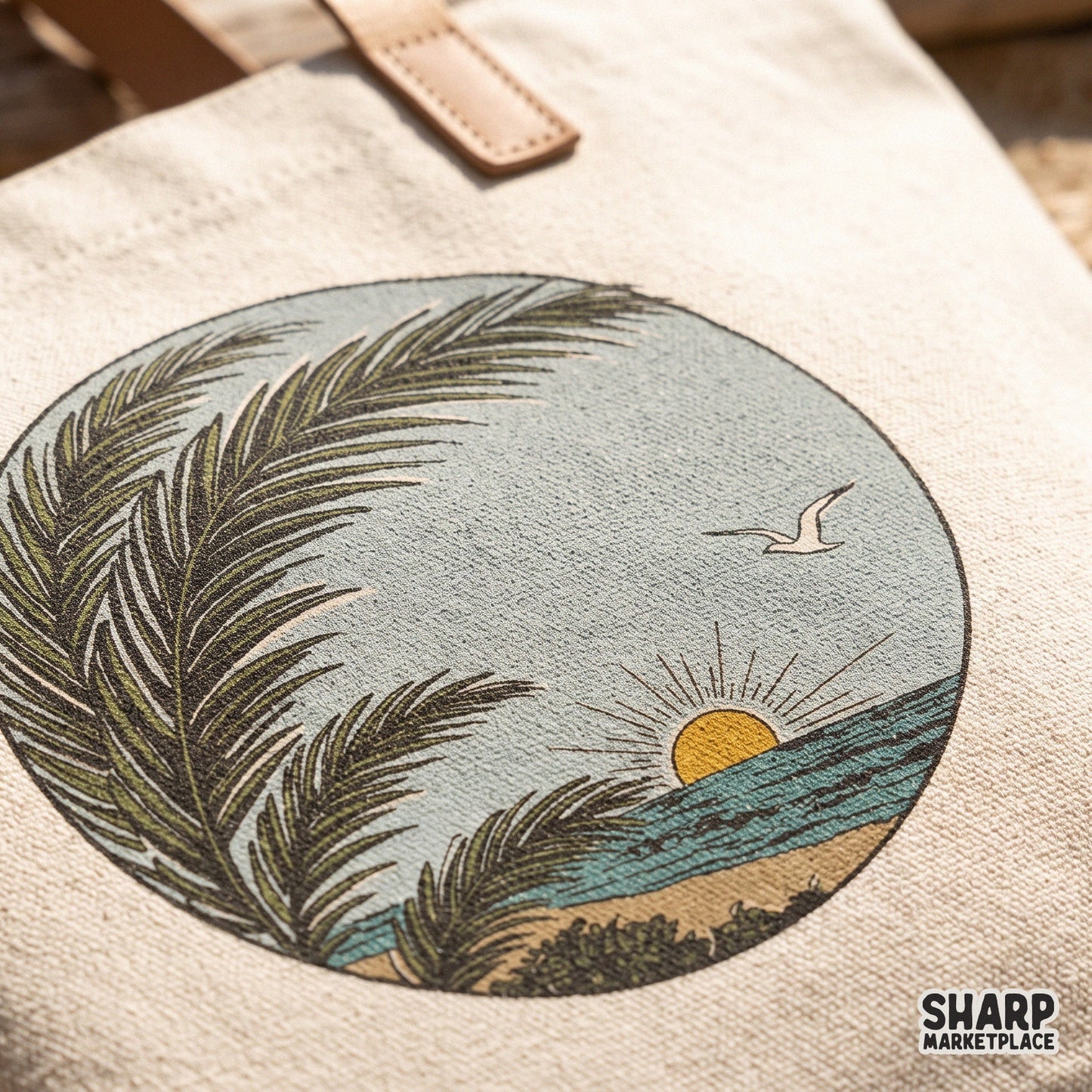 Retro beach ocean sunrise and palm frond circle landscape PNG for summer vacation and Puerto Rico cruise shirts