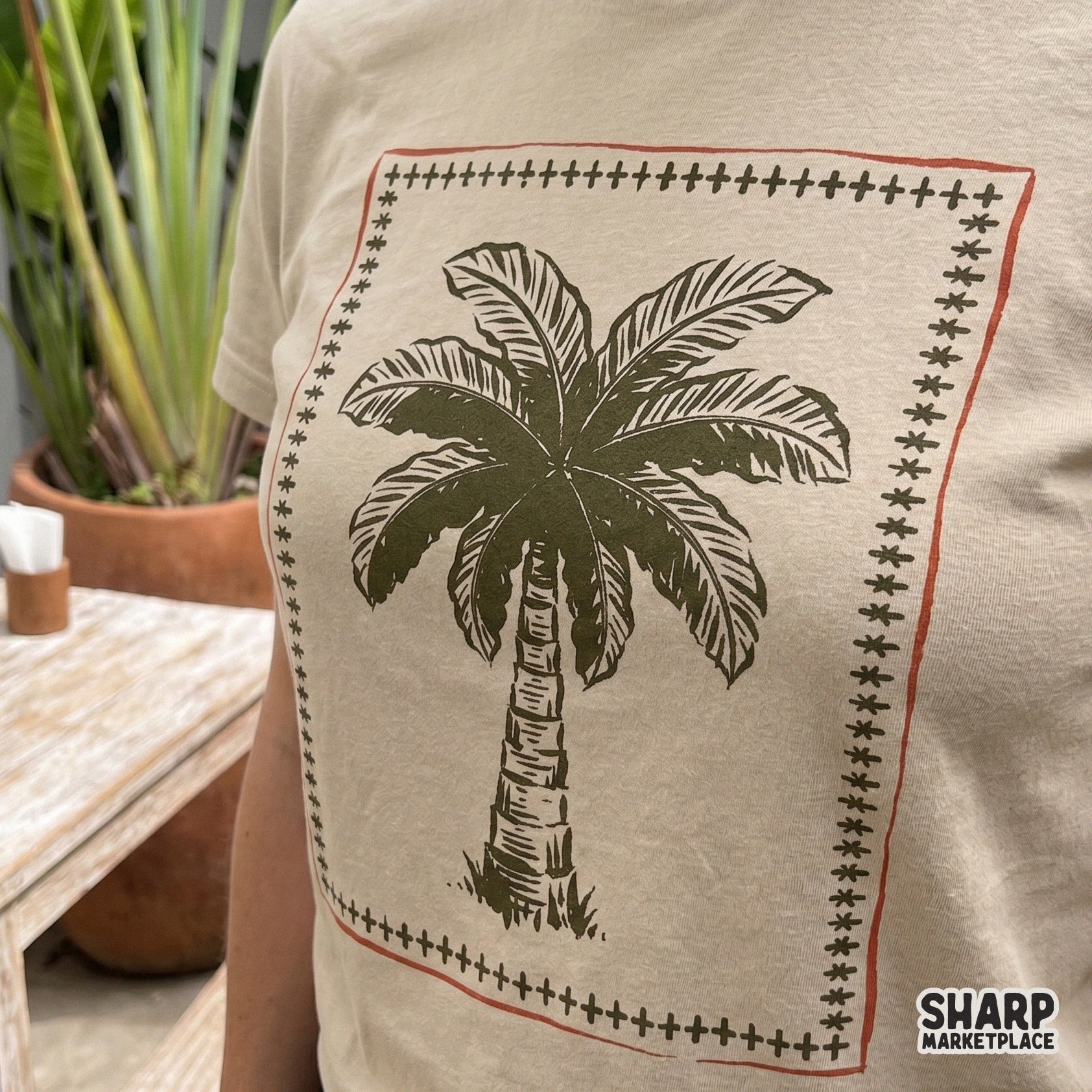 Vintage tropical palm tree in a rustic border, retro summer png design for beach vacation sublimation t-shirts