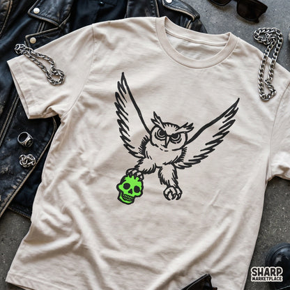Fierce owl carrying a green skull in its talons gothic streetwear clipart for spooky season t-shirts