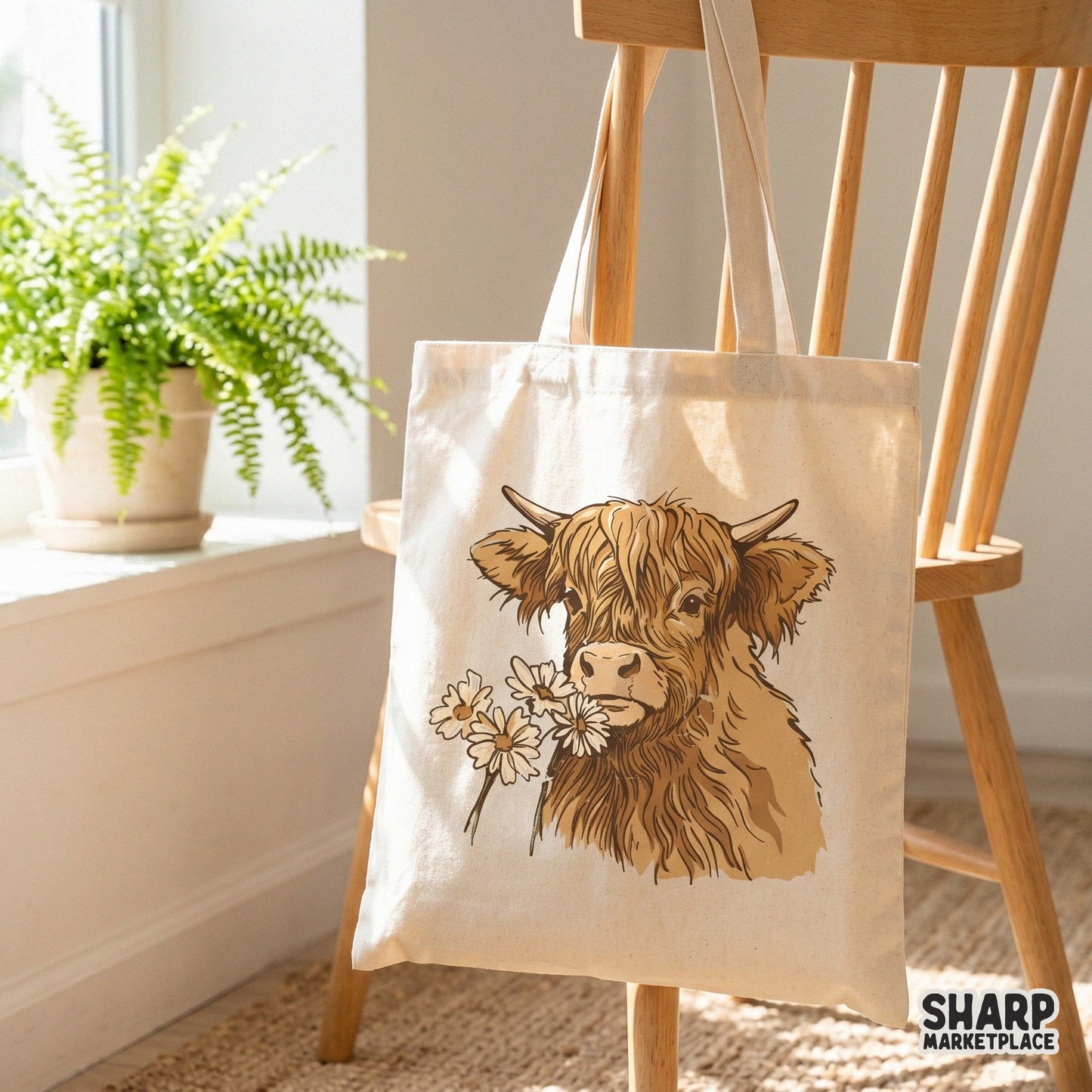 Hand-drawn floral Highland cow digital design with transparent background, suitable for sublimation transfers and custom spring-themed gifts.