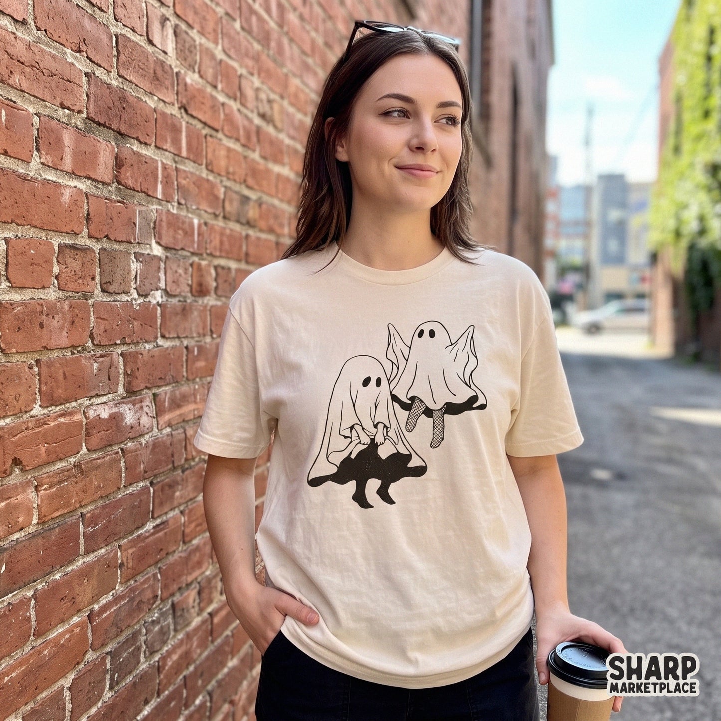 Sassy vintage ghost with fishnet legs retro spooky graphic for Halloween sublimation t-shirt design