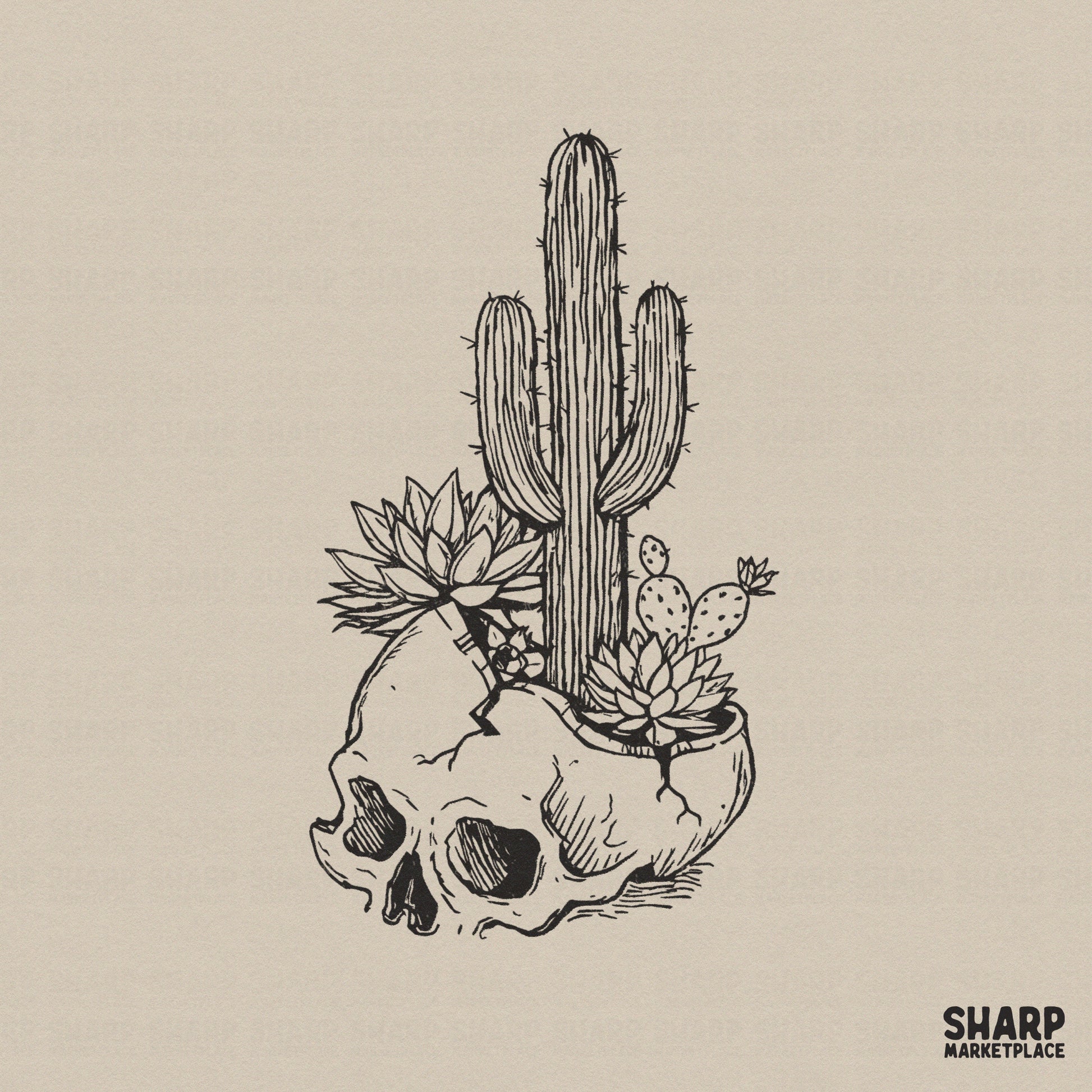 Black ink line art of a human skull acting as a planter for a saguaro cactus, succulents, and a prickly pear, perfect for western apparel.