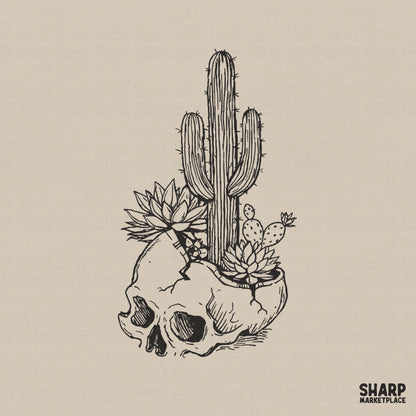 Black ink line art of a human skull acting as a planter for a saguaro cactus, succulents, and a prickly pear, perfect for western apparel.