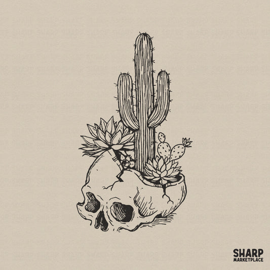 Black ink line art of a human skull acting as a planter for a saguaro cactus, succulents, and a prickly pear, perfect for western apparel.