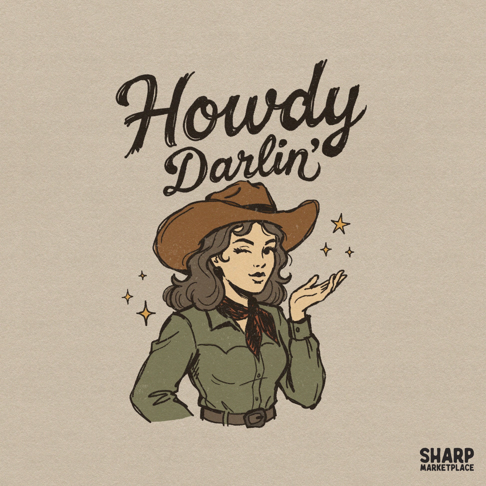 Retro western digital design featuring a winking cowgirl in a hat blowing a kiss with the text Howdy Darlin in vintage script and yellow stars.