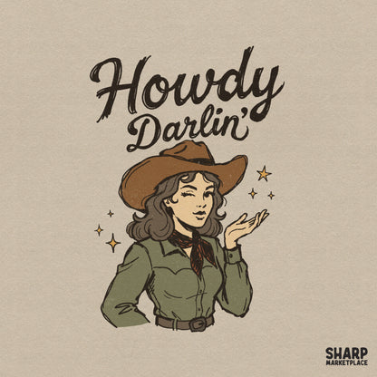 Retro western digital design featuring a winking cowgirl in a hat blowing a kiss with the text Howdy Darlin in vintage script and yellow stars.