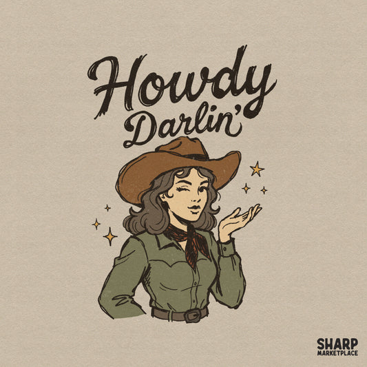 Retro western digital design featuring a winking cowgirl in a hat blowing a kiss with the text Howdy Darlin in vintage script and yellow stars.