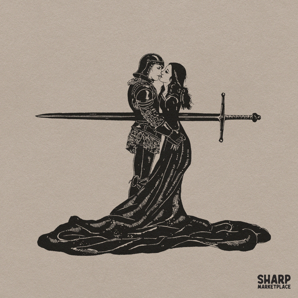 Dark romance knight and lady kissing tragic lovers illustration for retro Valentines Day shirt PNG design