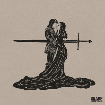 Dark romance knight and lady kissing tragic lovers illustration for retro Valentines Day shirt PNG design