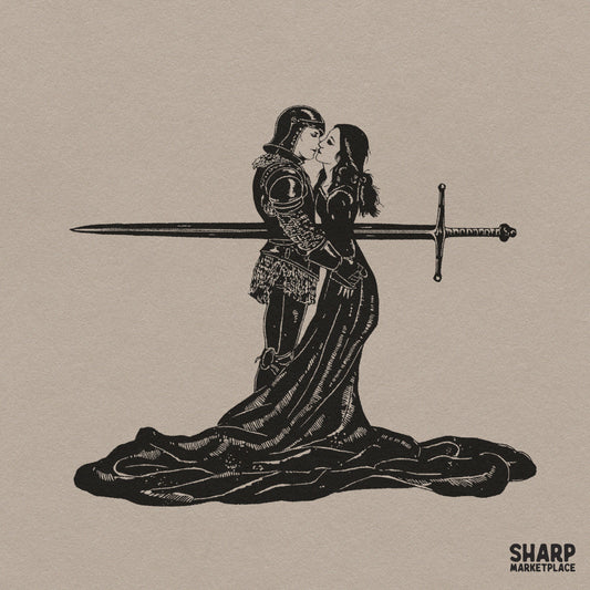 Dark romance knight and lady kissing tragic lovers illustration for retro Valentines Day shirt PNG design