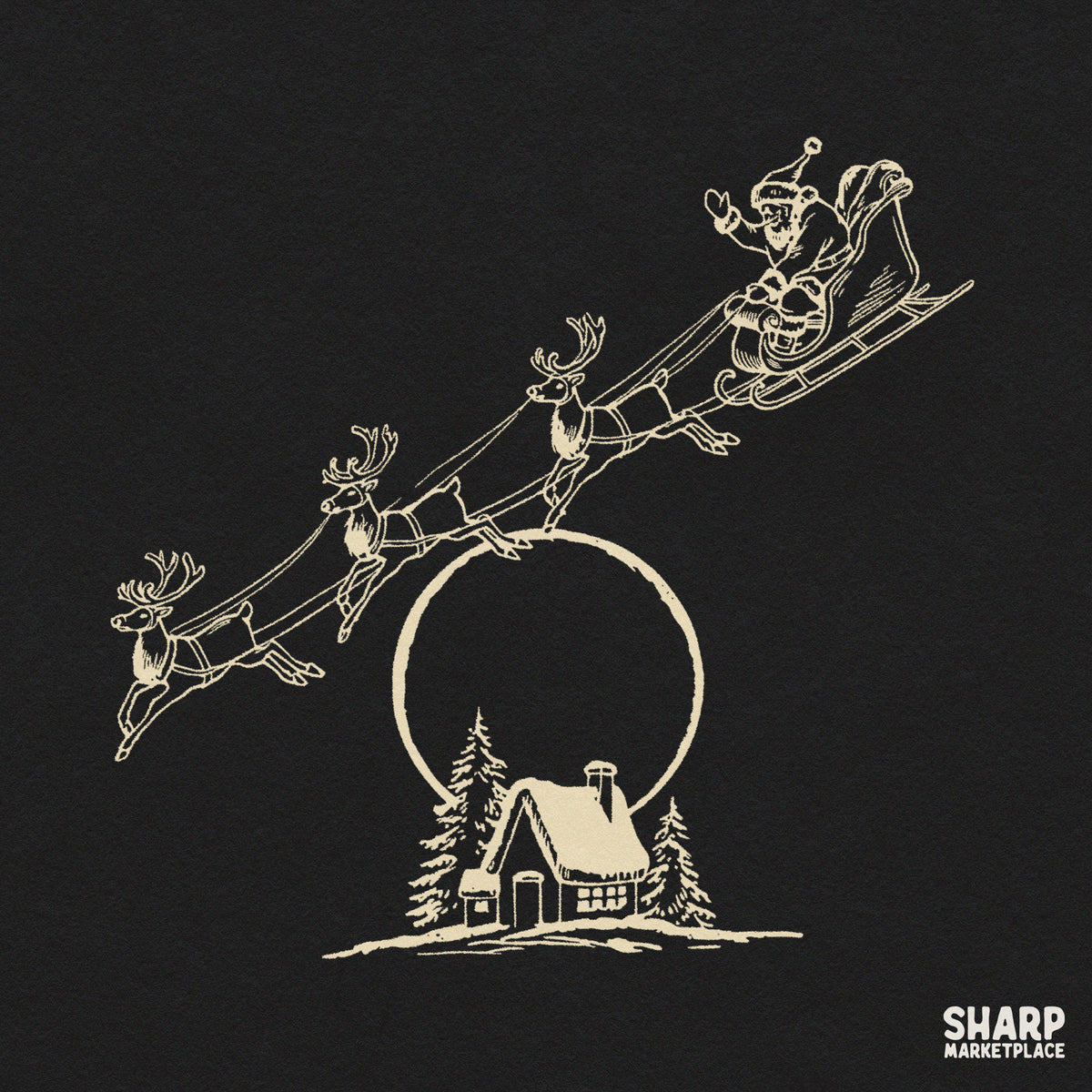 Vintage Midnight Sleigh Flight Scene Across Glowing Full