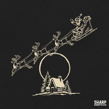 Vintage Midnight Sleigh Flight Scene Across Glowing Full