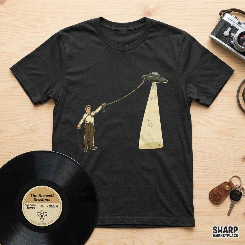 Retro western cowboy catching a UFO spaceship with a lasso in a funny sci-fi graphic design for shirt prints