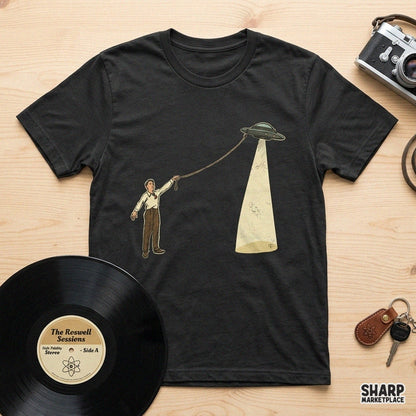 Retro western cowboy catching a UFO spaceship with a lasso in a funny sci-fi graphic design for shirt prints