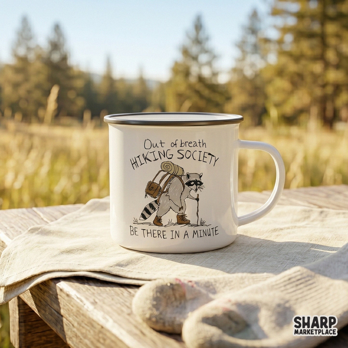 Digital sublimation design featuring a whimsical sketch of a raccoon hiker with a backpack, perfect for custom camping t-shirts and outdoor-themed apparel.