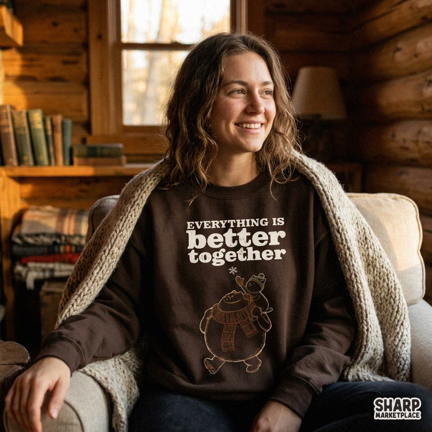Cozy winter bear PNG design with Everything Is Better Together quote for holiday t-shirt sublimation
