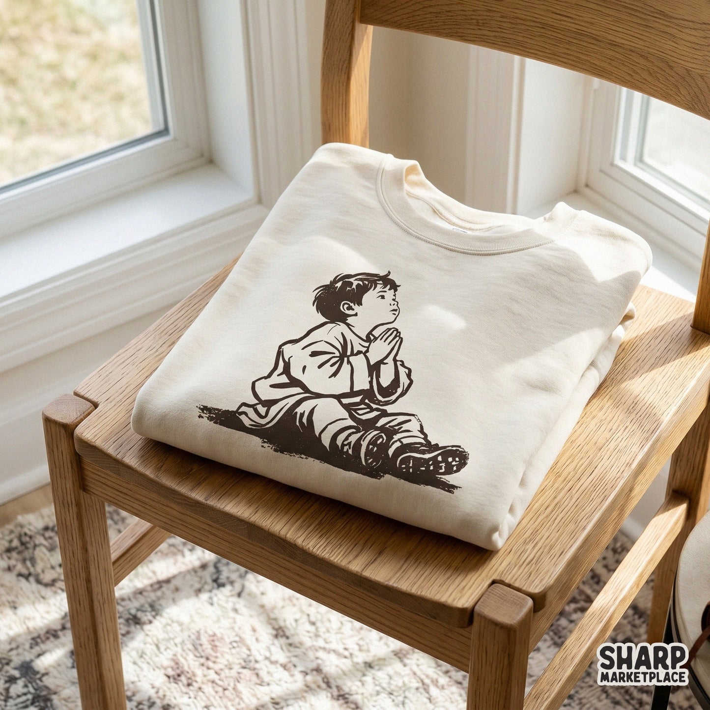 Vintage Christian PNG illustration of a praying child with a cross and Bible verse for religious shirt designs