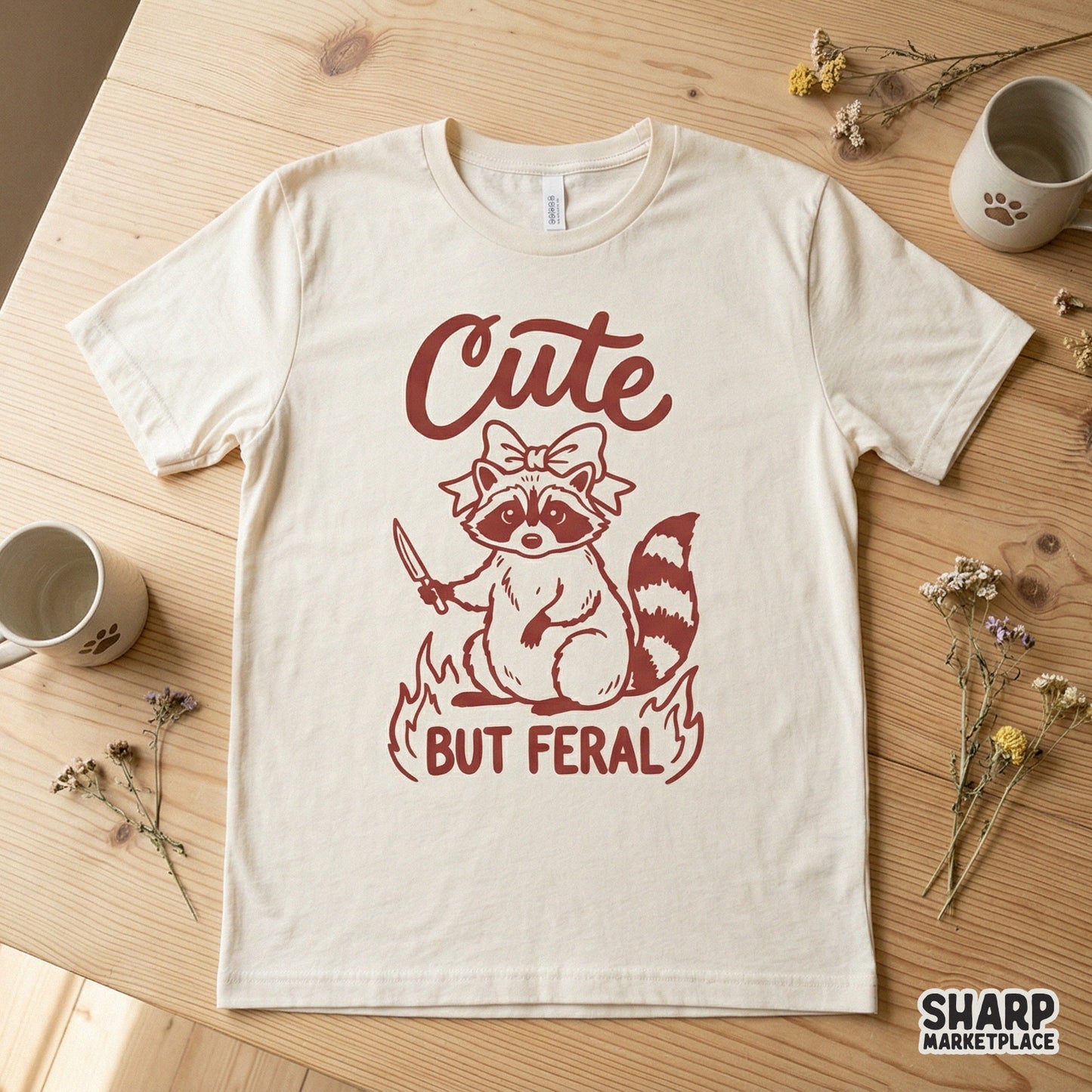 Retro-style maroon raccoon graphic with a bow and knife, surrounded by flames and the text Cute But Feral, suitable for DIY shirt printing.