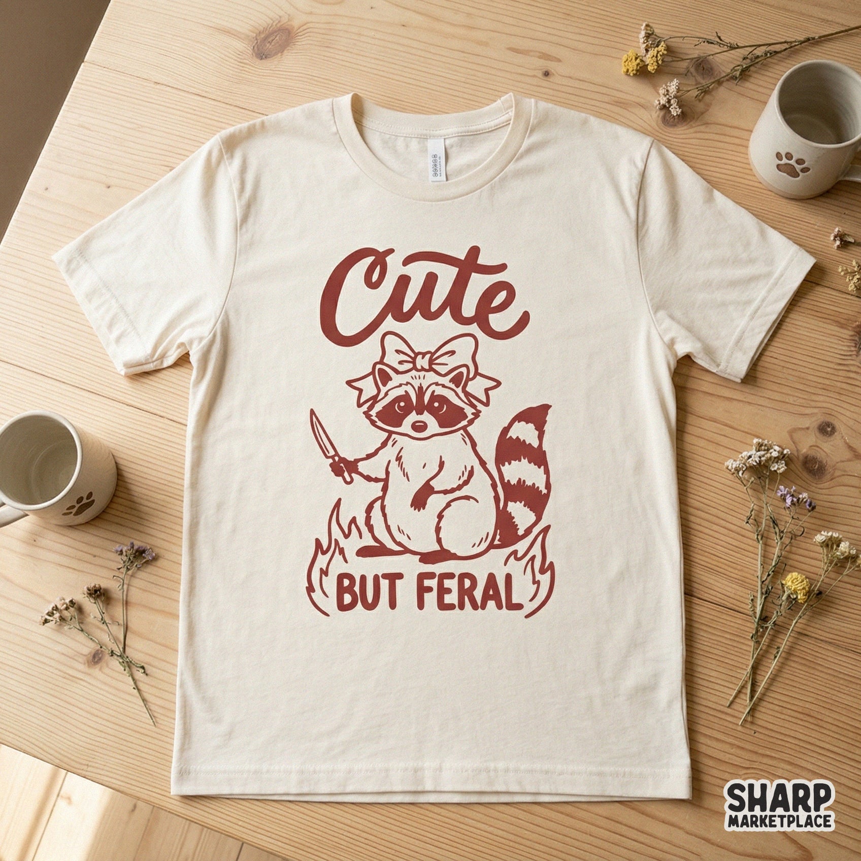 Retro-style maroon raccoon graphic with a bow and knife, surrounded by flames and the text Cute But Feral, suitable for DIY shirt printing.
