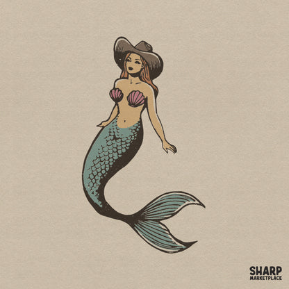 Retro vintage cowgirl mermaid in a cowboy hat western summer PNG for beach themed t-shirts and ocean rodeo apparel designs