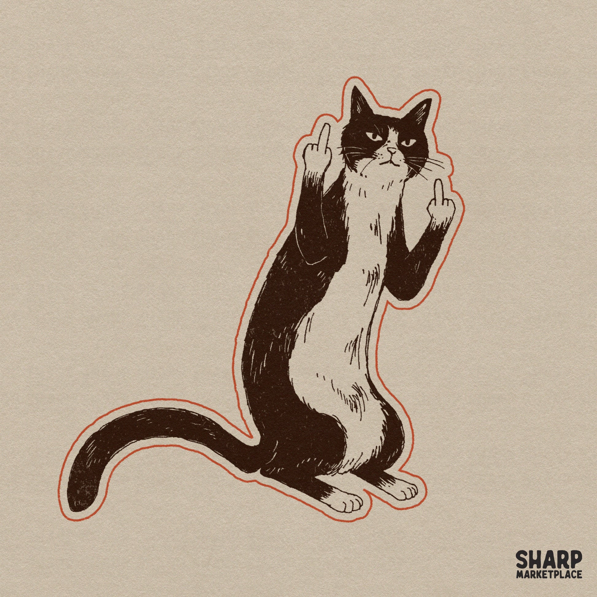 Vintage woodcut style illustration of a grumpy black and white tuxedo cat standing on hind legs and flipping middle claws with an orange outline.