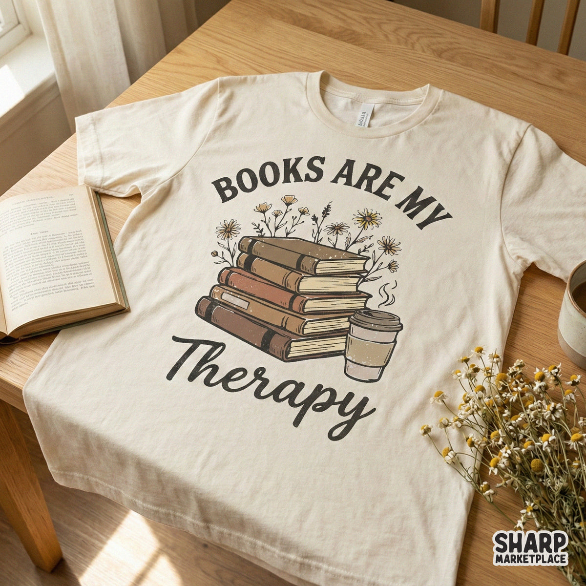 T-shirt mockup showing a Books Are My Therapy design with a vintage book stack, coffee, and floral accents, perfect for book lovers and apparel.