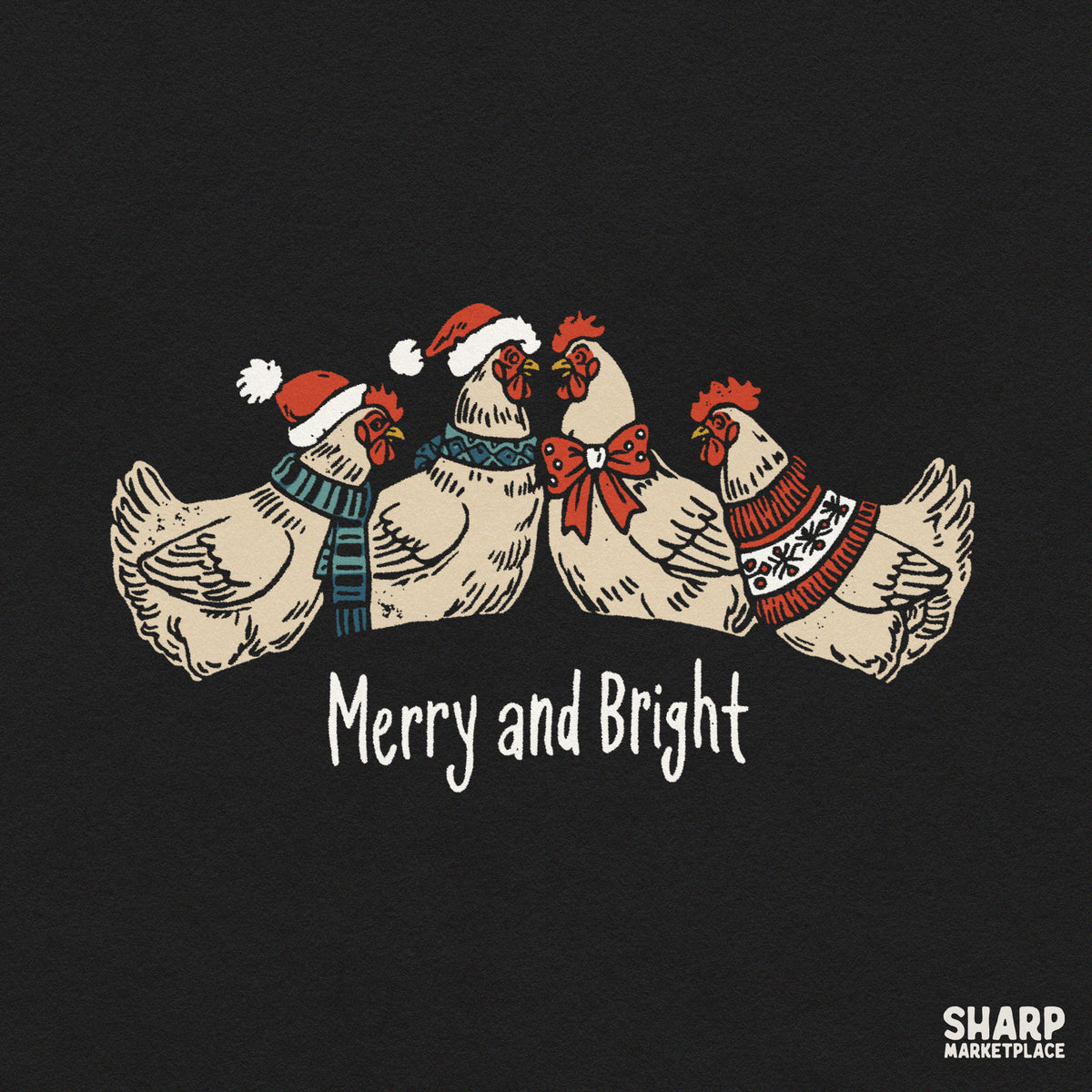 Cute winter chickens in sweaters Merry and Bright Christmas PNG design for rustic holiday shirt sublimation