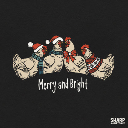 Cute winter chickens in sweaters Merry and Bright Christmas PNG design for rustic holiday shirt sublimation