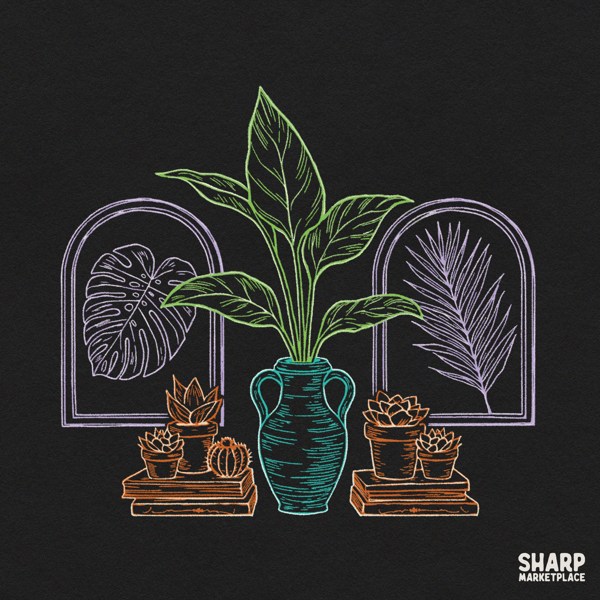 Botanical Houseplants On Bookshelf Art, Monstera
