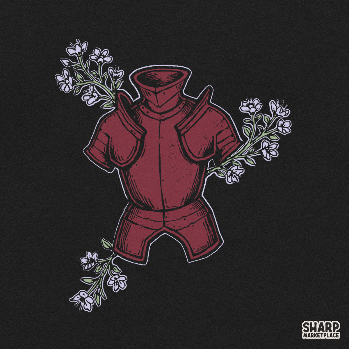 Vintage burgundy knight armor with floral branches design for dark academia dtf shirt prints and sublimation