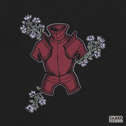 Vintage burgundy knight armor with floral branches design for dark academia dtf shirt prints and sublimation