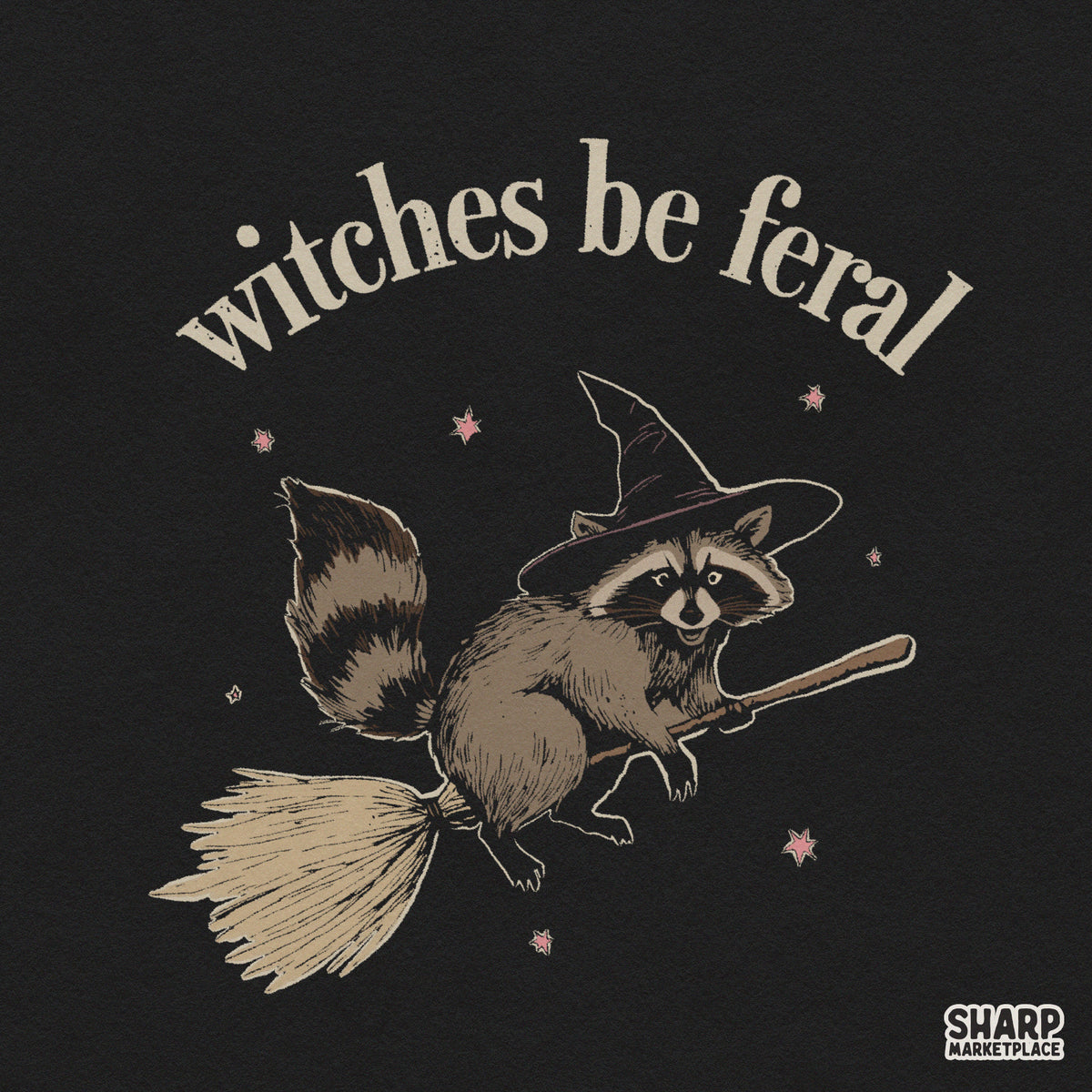 Funny Halloween raccoon witch riding a broom retro digital PNG for shirts and spooky season crafts