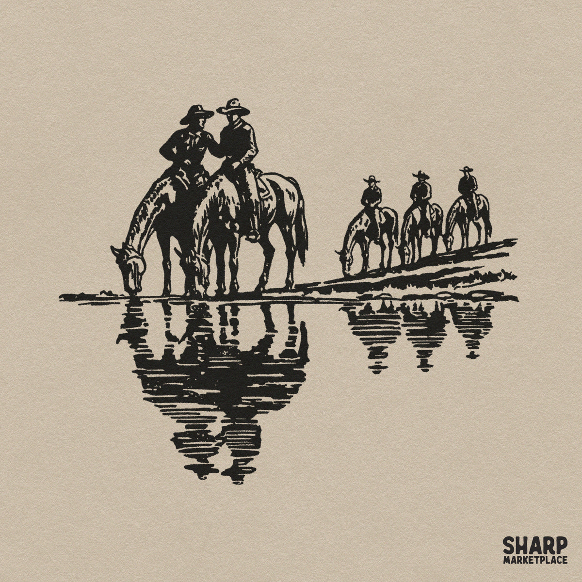 Monochrome woodcut art of vintage cowboys riding horses in water for rustic western t-shirt sublimation design