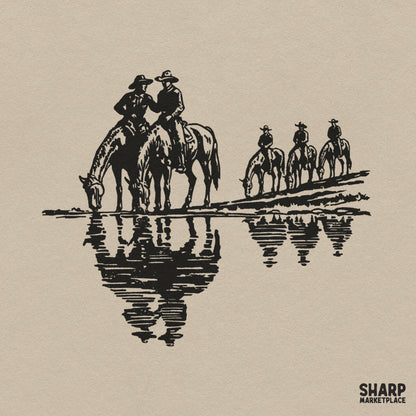 Monochrome woodcut art of vintage cowboys riding horses in water for rustic western t-shirt sublimation design
